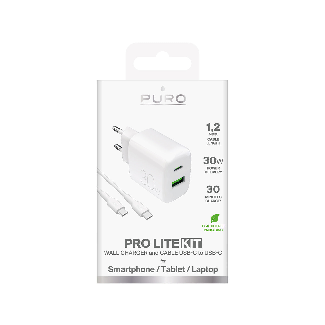 Puro PROLITE 30W USB-A / USB-C sieninis įkroviklis + USB-C - USB-C laidas 1.2m - baltas