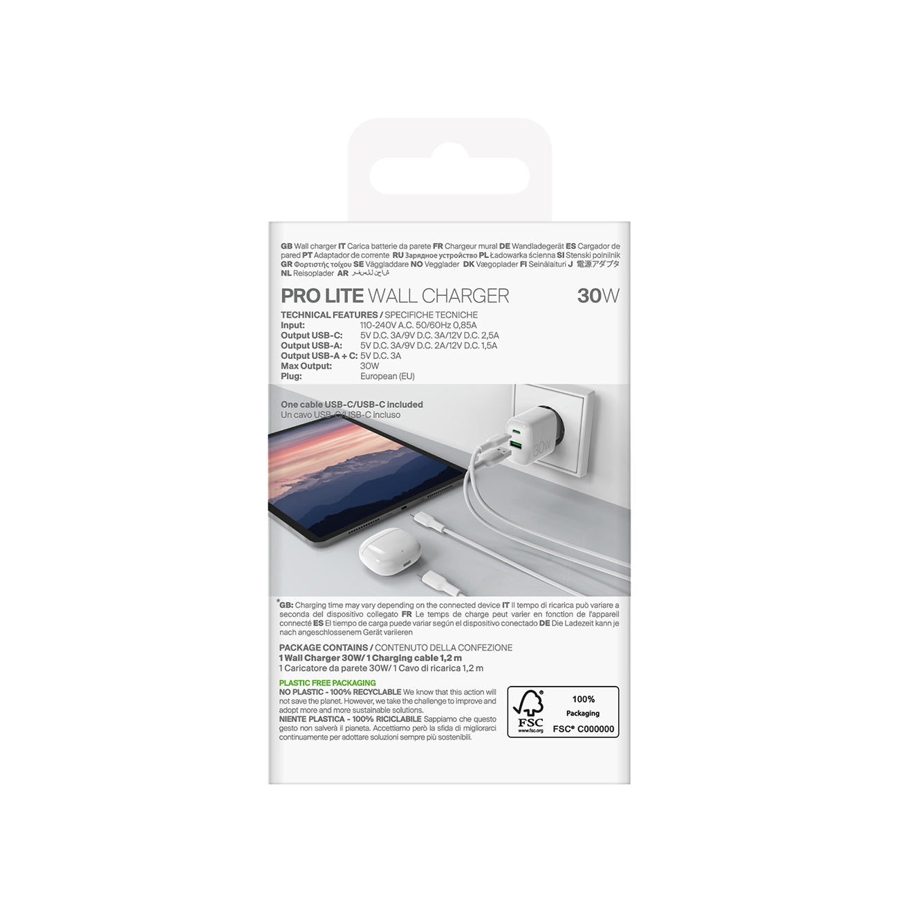 Puro PROLITE 30W USB-A / USB-C sieninis įkroviklis + USB-C - USB-C laidas 1.2m - baltas
