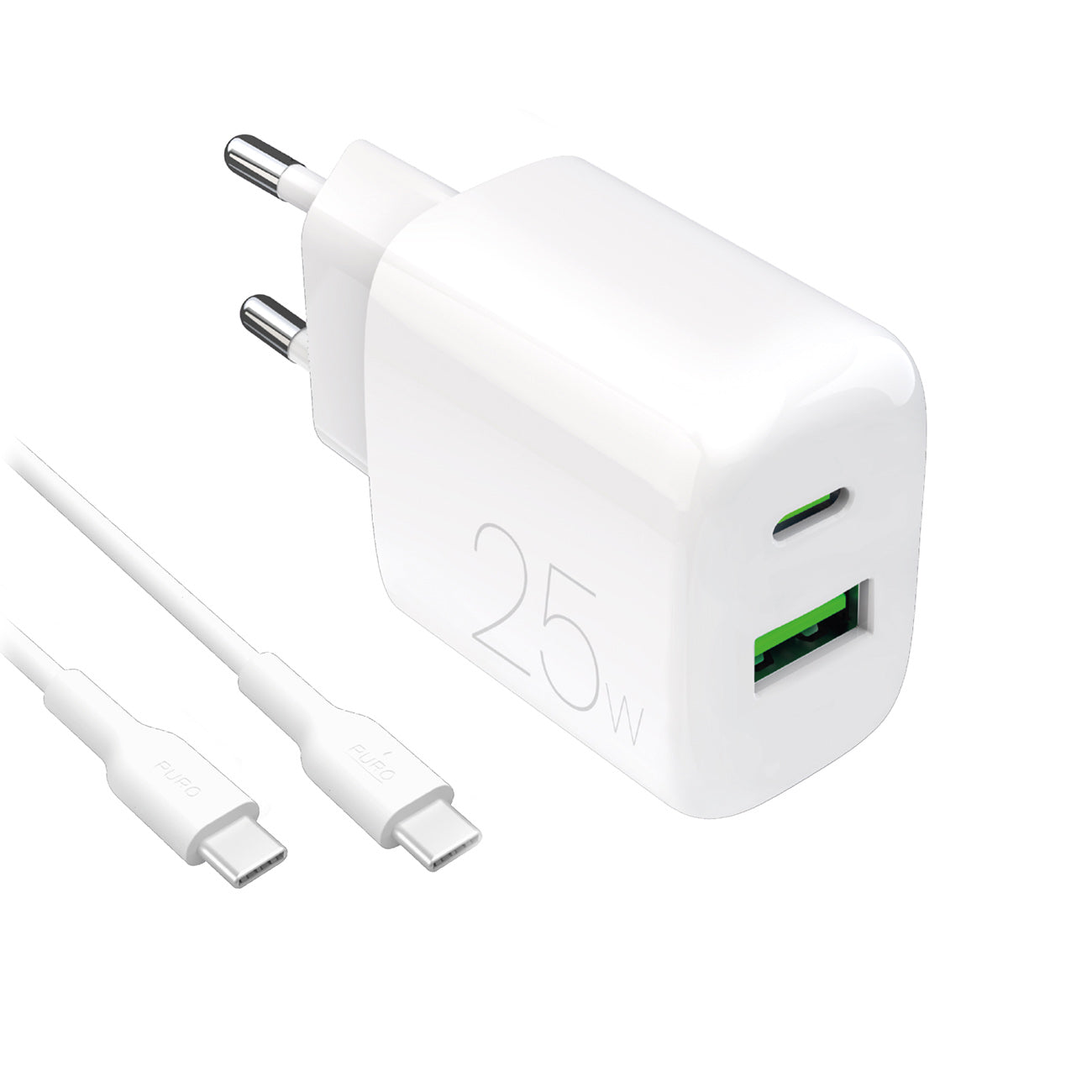 Puro PROLITE 25W USB-A / USB-C sieninis įkroviklis + USB-C - USB-C laidas 1.2m - baltas
