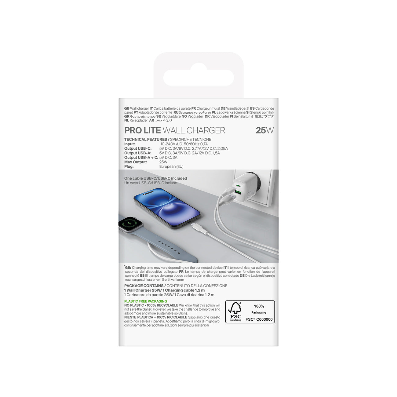 Puro PROLITE 25W USB-A / USB-C sieninis įkroviklis + USB-C - USB-C laidas 1.2m - baltas