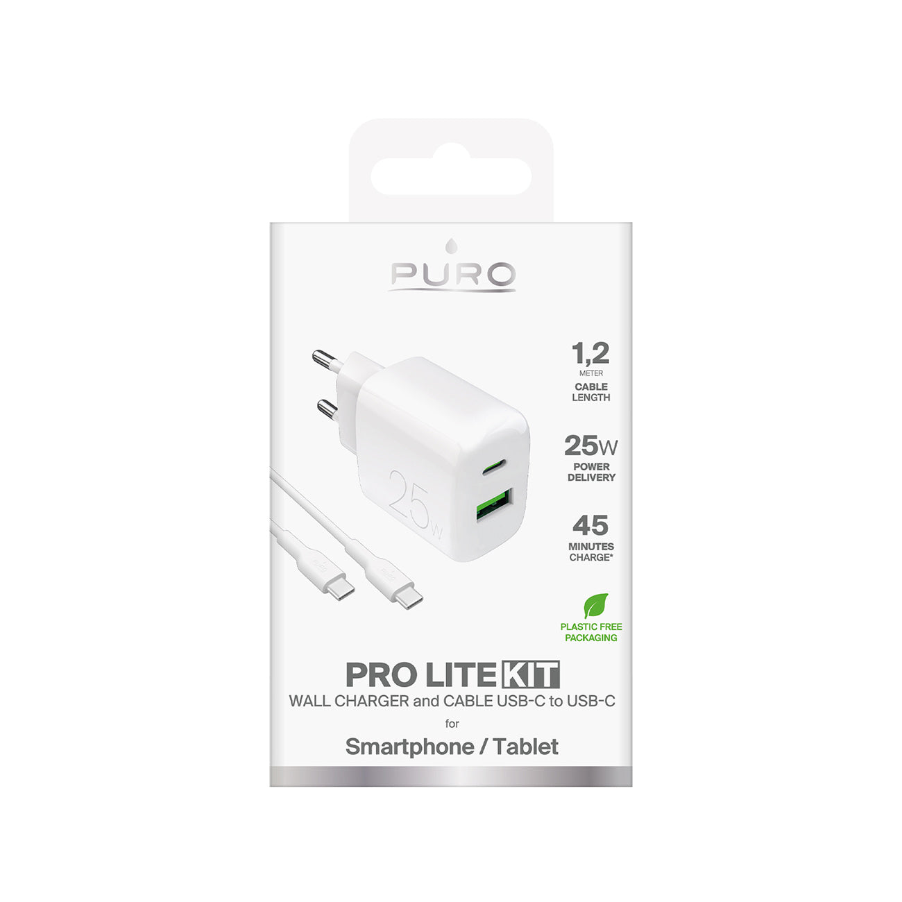 Puro PROLITE 25W USB-A / USB-C sieninis įkroviklis + USB-C - USB-C laidas 1.2m - baltas