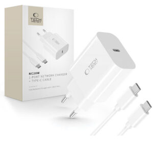 Tech-Protect NC20W PD20W USB-C sieninis įkroviklis su USB-C laidu - baltas