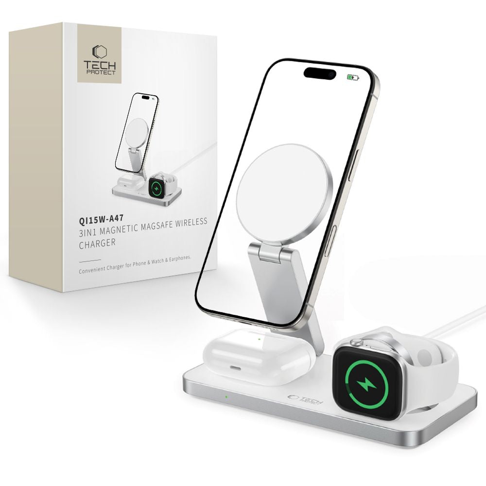 Tech-Protect QI15W-A47 MagSafe 3in1 indukcinis įkroviklis + USB-C laidas - baltas