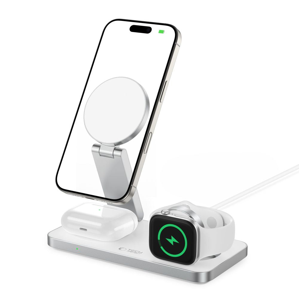 Tech-Protect QI15W-A47 MagSafe 3in1 indukcinis įkroviklis + USB-C laidas - baltas