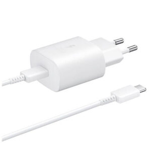 Samsung 25W EP-TA800EWE USB-C sieninis įkroviklis su Samsung EP-DA705BWE USB-C / USB-C laidu (replacement packaging) - baltas