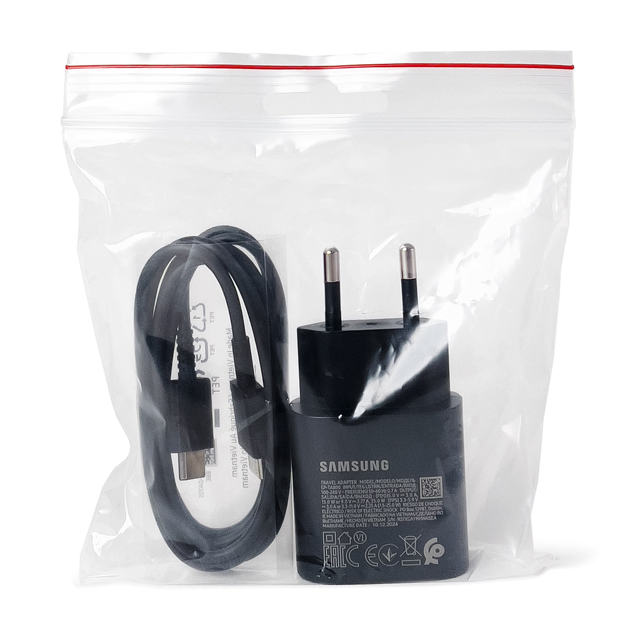 Samsung 25W EP-TA800EBE USB-C sieninis įkroviklis su Samsung EP-DA705BBE USB-C / USB-C laidu (Replacement Pack) - juodas