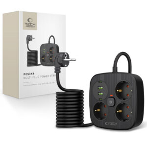 Tech-Protect PCS3X4 maitinimo ilgintuvas, 3 lizdai, 2xUSB-A, 2xUSB-C 200 cm - juodas