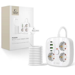 Tech-Protect PCS3X4 maitinimo ilgintuvas, 3 lizdai, 2xUSB-A, 2xUSB-C 200 cm - baltas