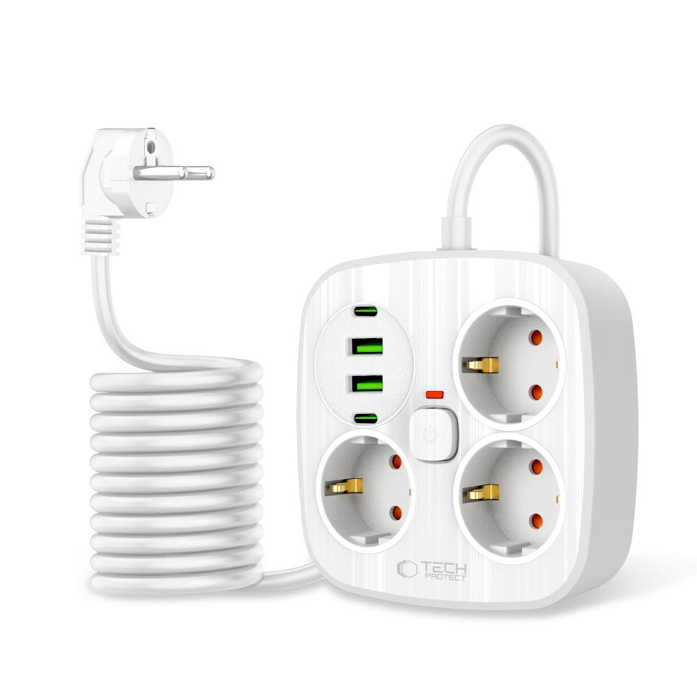 Tech-Protect PCS3X4 maitinimo ilgintuvas, 3 lizdai, 2xUSB-A, 2xUSB-C 200 cm - baltas