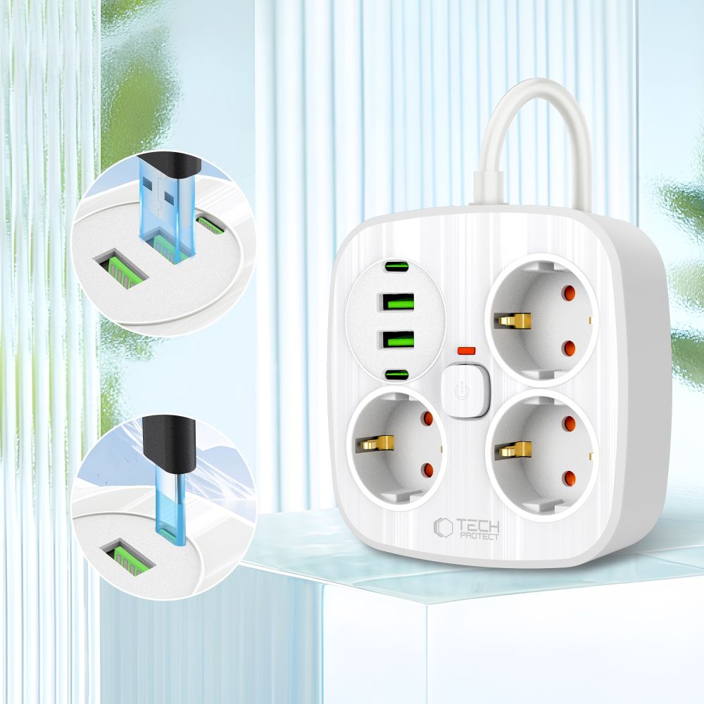Tech-Protect PCS3X4 maitinimo ilgintuvas, 3 lizdai, 2xUSB-A, 2xUSB-C 200 cm - baltas