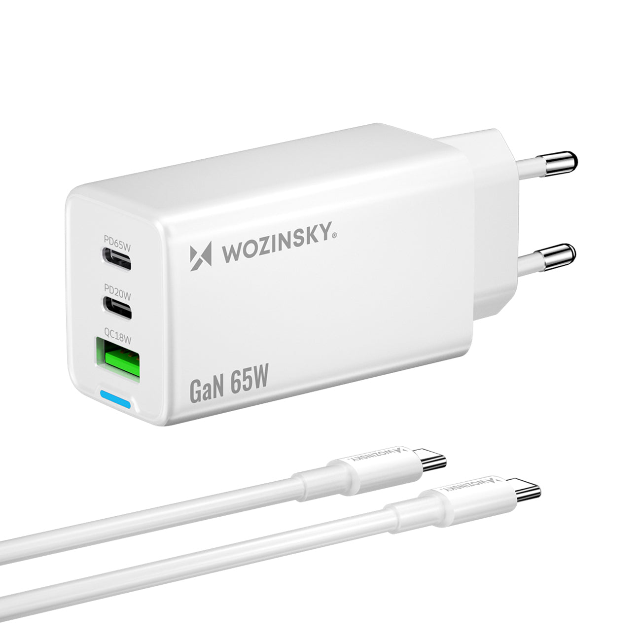 Wozinsky GaN 65W įkroviklis su USB-A 2xUSB-C jungtimis su 65W USB-C laidu - baltas