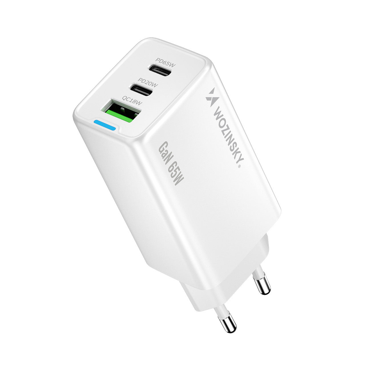 Wozinsky GaN 65W įkroviklis su USB-A 2xUSB-C jungtimis su 65W USB-C laidu - baltas