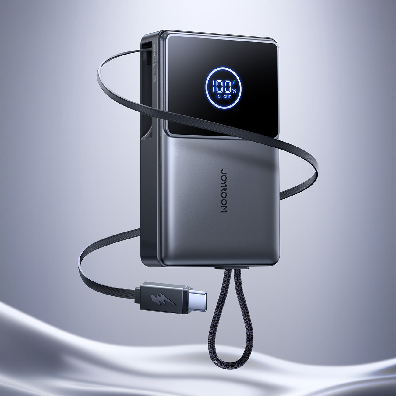Joyroom išorinė baterija JR-PR1 10000mAh 22.5W su integruotu ištraukiamu USB-C laidu juoda