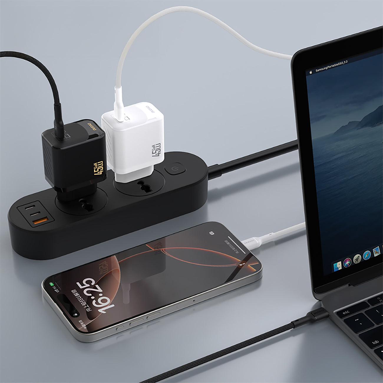 Dudao A28C 45W GaN sieninis įkroviklis + USB-C laidas - baltas