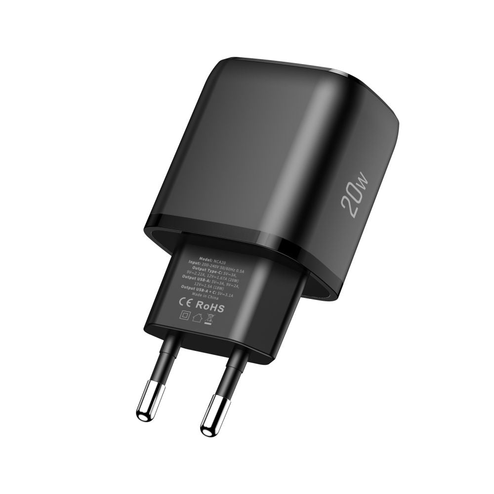 Tech-Protect NCA20 PD 20W / QC3.0 USB-A / USB-C sieninis įkroviklis - juodas