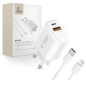 Tech-Protect NCA30 PD 30W QC3.0 USB-A / USB-C sieninis įkroviklis + USB-C / Lightning laidas 100cm - baltas