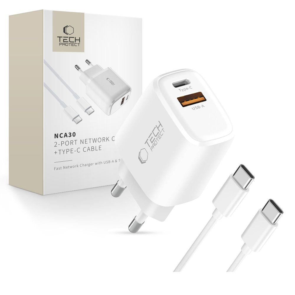 Tech-Protect NCA30 PD 30W QC3.0 USB-A / USB-C sieninis įkroviklis + USB-C / USB-C laidas 100cm - baltas