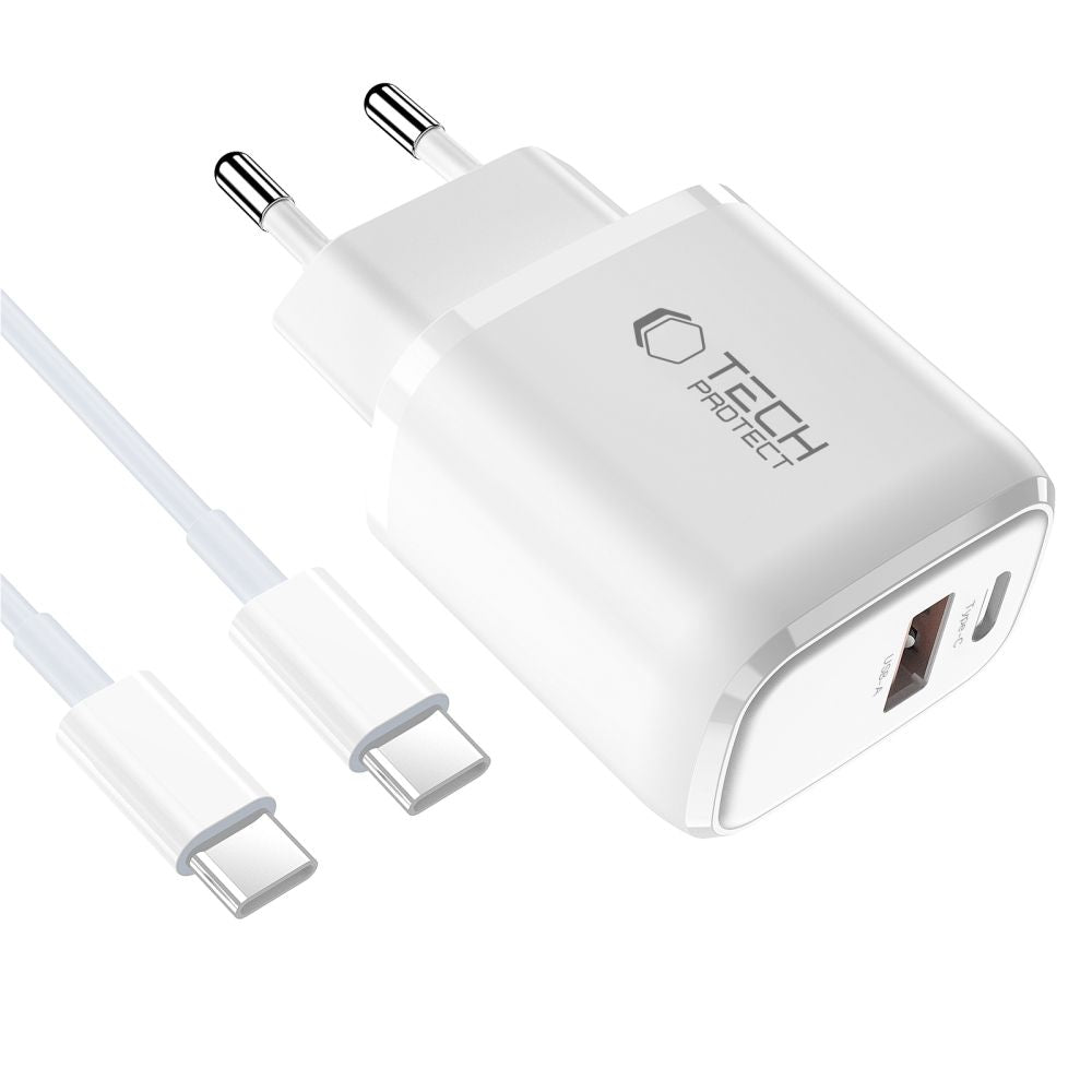 Tech-Protect NCA30 PD 30W QC3.0 USB-A / USB-C sieninis įkroviklis + USB-C / USB-C laidas 100cm - baltas