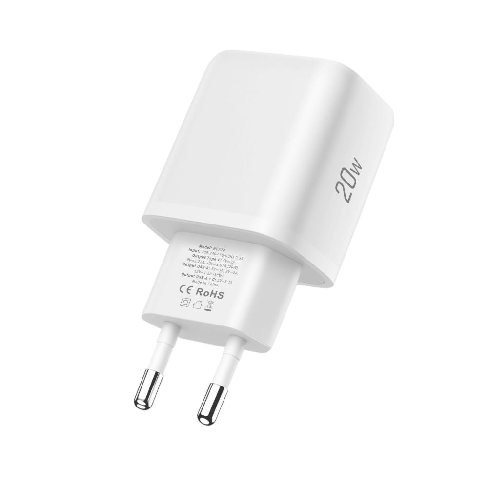 Tech-Protect NCA20 PD 20W QC3.0 USB-A / USB-C sieninis įkroviklis - baltas