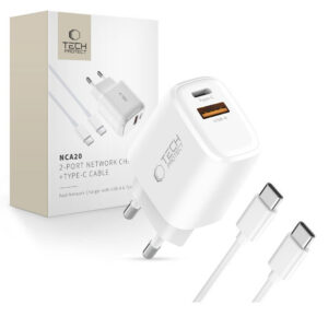 Tech-Protect NCA20 PD 20W QC3.0 USB-A / USB-C sieninis įkroviklis + USB-C / USB-C laidas 100cm - baltas