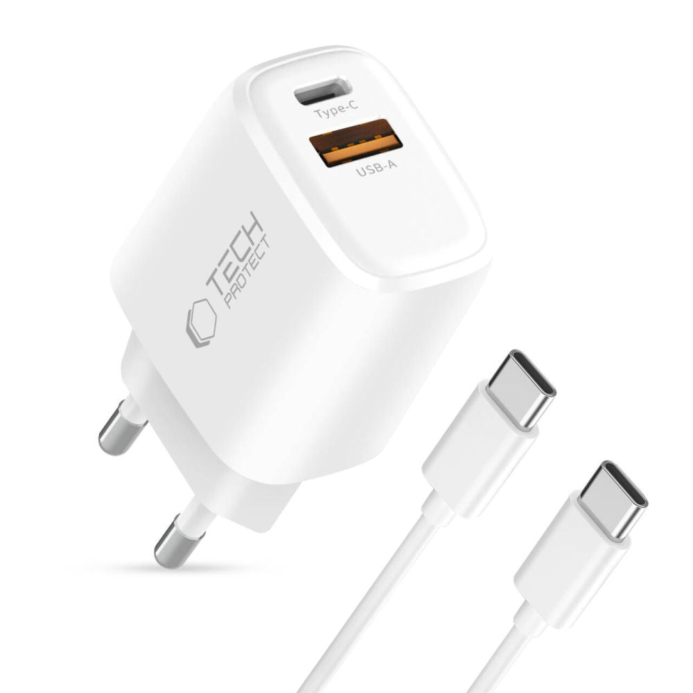 Tech-Protect NCA20 PD 20W QC3.0 USB-A / USB-C sieninis įkroviklis + USB-C / USB-C laidas 100cm - baltas