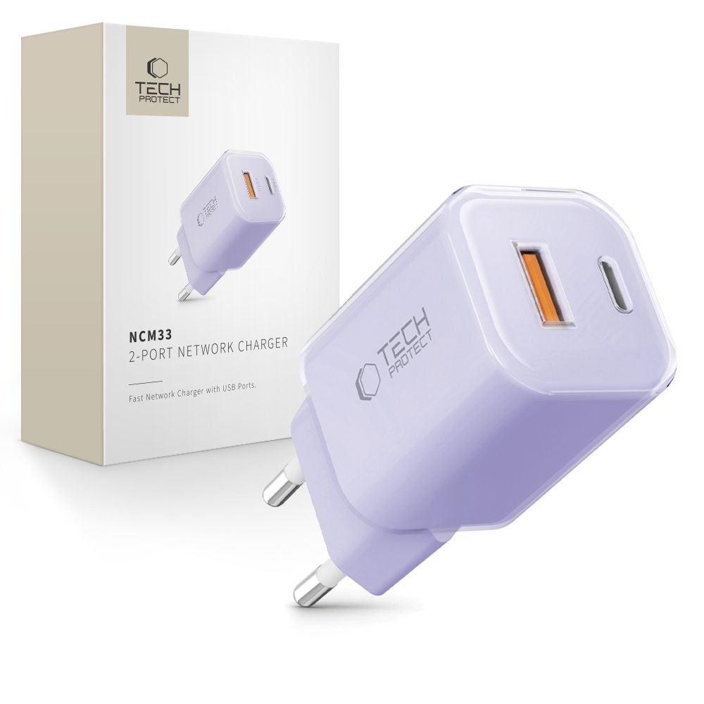 Tech-Protect NCM33 PD 33W QC3.0 USB-C / USB-C sieninis įkroviklis - violetinis