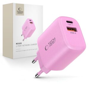 Tech-Protect NCA20 PD 20W QC3.0 USB-A / USB-C sieninis įkroviklis - rožinis