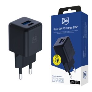 3mk Hyper GaN įkroviklis 20W QC4+ PD PPS USB-C USB-A sieninis įkroviklis – juodas