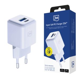 3mk Hyper GaN įkroviklis 20W QC4+ PD PPS USB-C USB-A sieninis įkroviklis – baltas