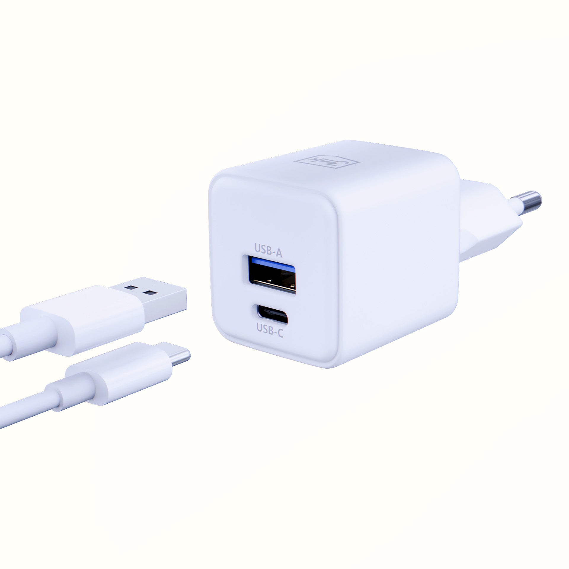 3mk Hyper GaN įkroviklis 20W QC4+ PD PPS USB-C USB-A sieninis įkroviklis – baltas
