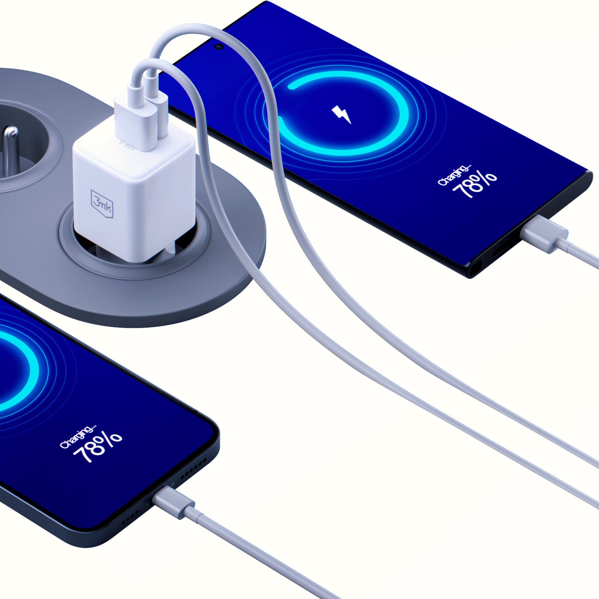 3mk Hyper GaN įkroviklis 20W QC4+ PD PPS USB-C USB-A sieninis įkroviklis – baltas