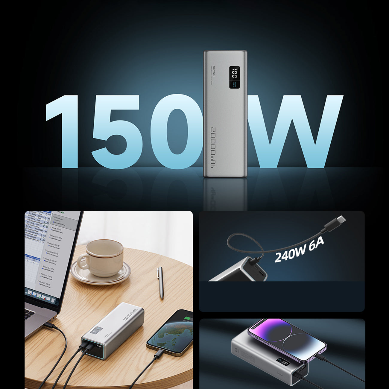 Cuktech P+Series No. 15 išorinė baterija 150W 20000mAh - pilka