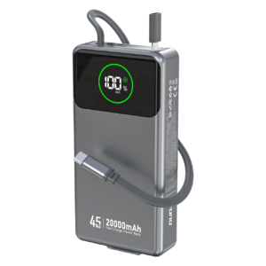 Dudao K31 Pro 45W 20000mAh išorinė baterija su integruotu ištraukiamu USB-C laidu - pilka