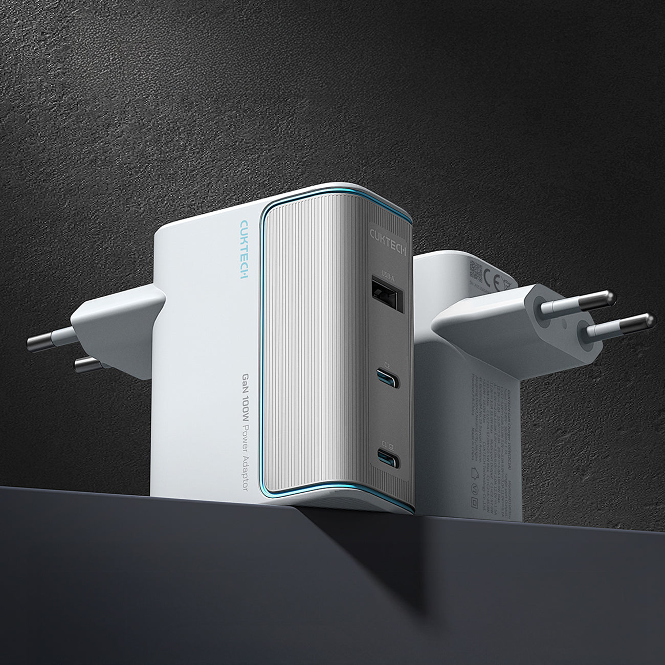 Cuktech AD1003EU 100W GaN 2x USB-C + USB-A Wvisas įkroviklis su laidu - White