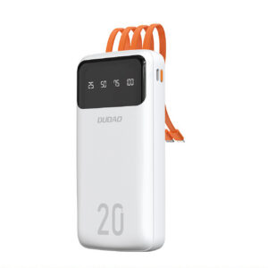 Dudao didelės talpos išorinė baterija su 4 integruotais laidais 20000mAh USB Type C + micro USB + Lightning + USB-A (input) - balta (Dudao K6Pro+)
