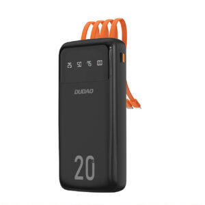 Dudao didelės talpos išorinė baterija su 4 integruotais laidais 20000mAh USB Type C + micro USB + Lightning + USB-A (input) - juoda (Dudao K6Pro+)