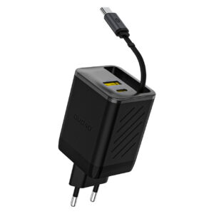 Dudao sieninis įkroviklis A67EU GaN 67W su integruotu įtraukiamu USB-C Power Delivery Quick Charge laidu - juodas