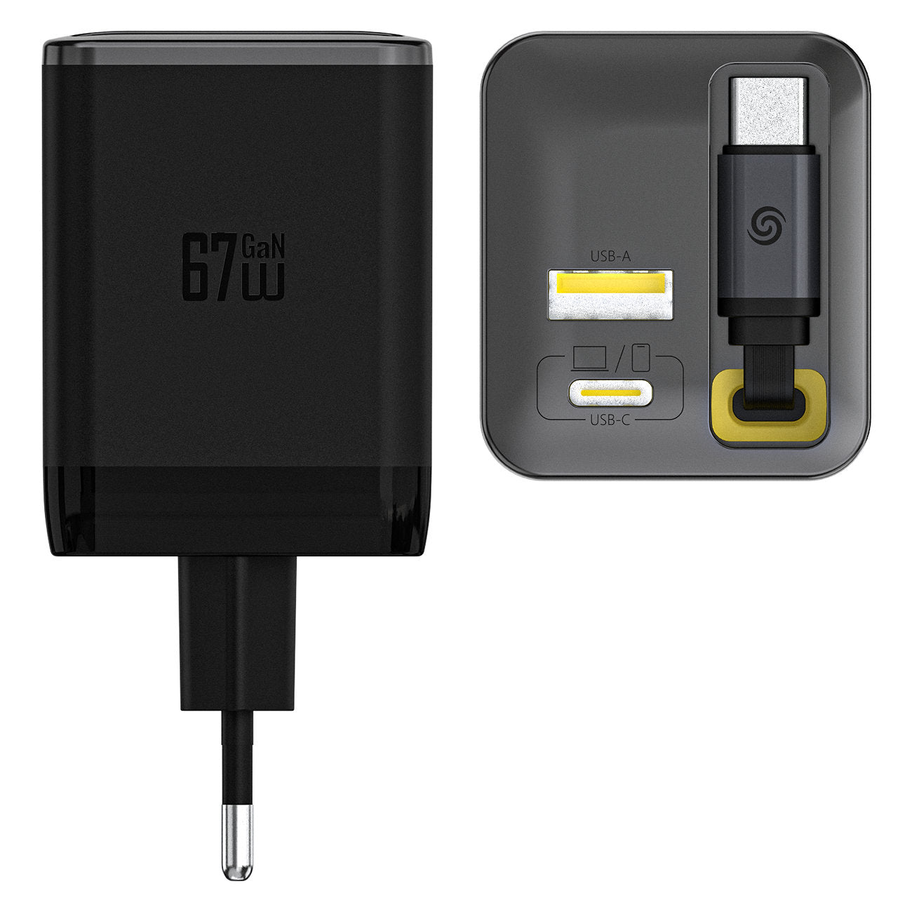 Dudao sieninis įkroviklis A67EU GaN 67W su integruotu įtraukiamu USB-C Power Delivery Quick Charge laidu - juodas
