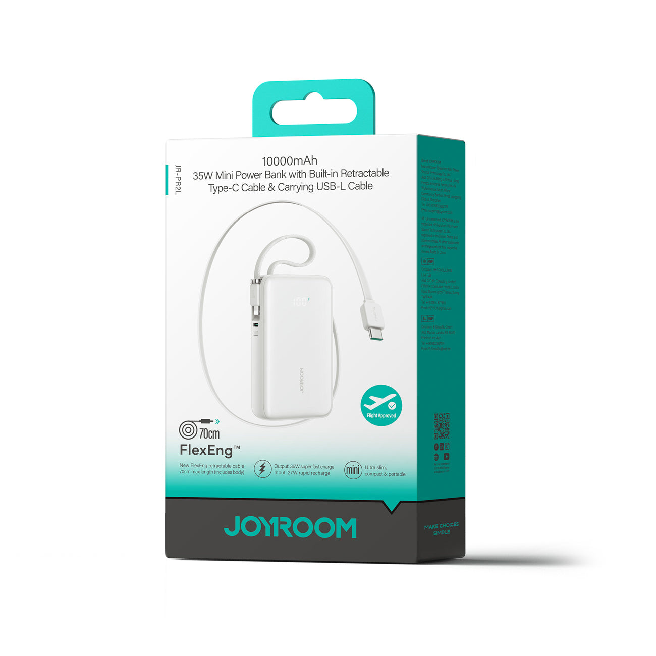 Joyroom JR-PR2L 10 000 mAh 35 W maitinimo blokas su įmontuotu ištraukiamu USB-C laidu ir žaibo raišteliu – balta