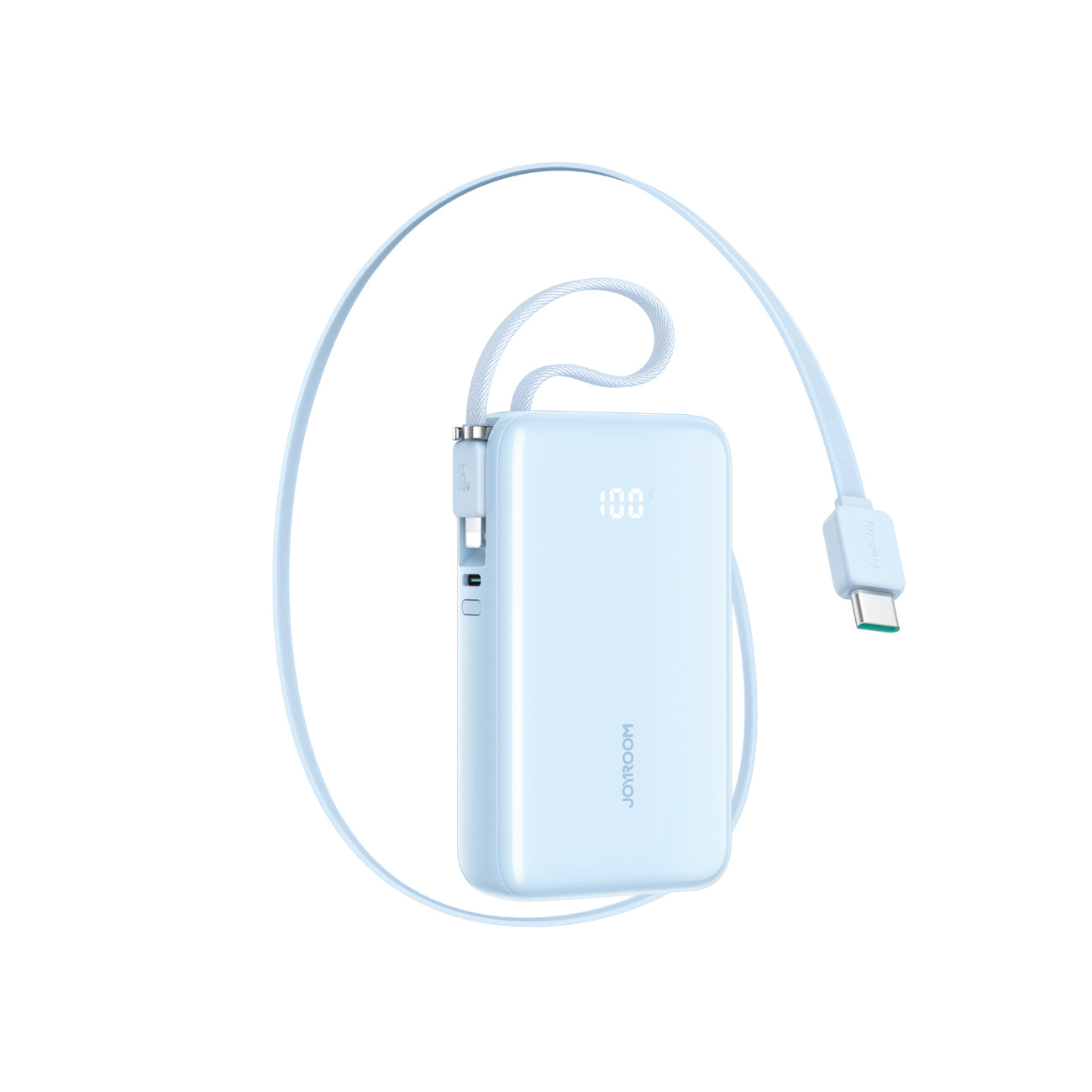 Joyroom JR-PR2L 10000mAh 35W išorinė baterija su integruotu ištraukiamu USB-C laidu ir Lightning dirželio laidu - mėlyna