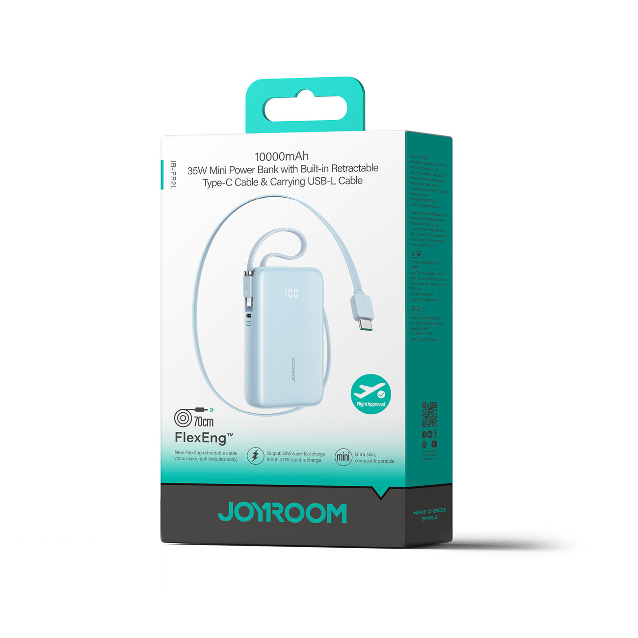 Joyroom JR-PR2L 10000mAh 35W išorinė baterija su integruotu ištraukiamu USB-C laidu ir Lightning dirželio laidu - mėlyna