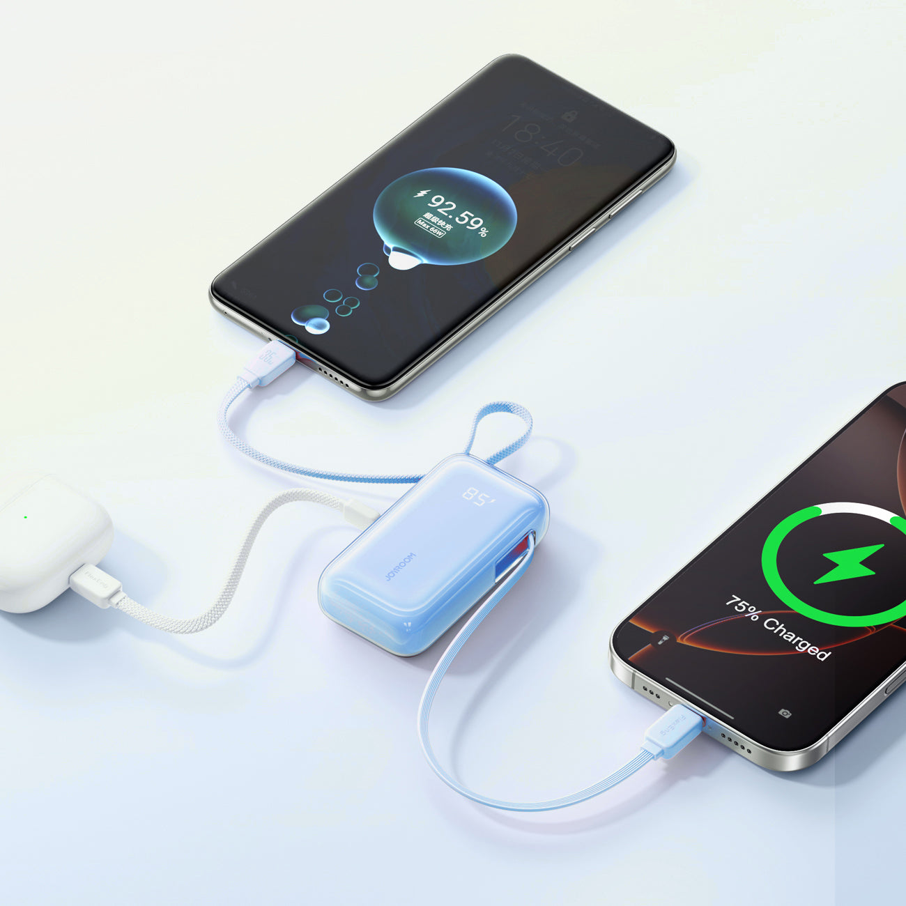 Joyroom JR-PR2L 10000mAh 35W išorinė baterija su integruotu ištraukiamu USB-C laidu ir Lightning dirželio laidu - mėlyna
