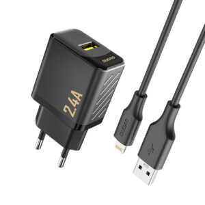 Dudao sieninis įkroviklis A23LEU 2.4A GaN EU USB-A su USB-A į Lightning laidu - juodas