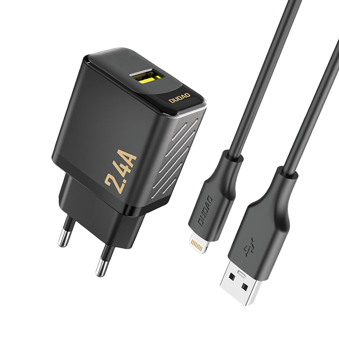 Dudao sieninis įkroviklis A23LEU 2.4A GaN EU USB-A su USB-A į Lightning laidu - juodas