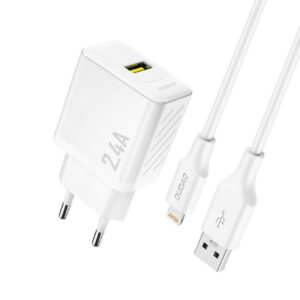 Dudao sieninis įkroviklis A23LEU 2.4A GaN EU USB-A su USB-A į Lightning laidu - baltas