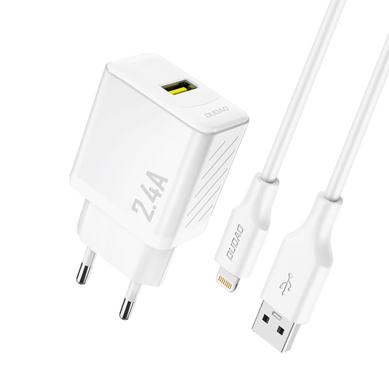 Dudao sieninis įkroviklis A23LEU 2.4A GaN EU USB-A su USB-A į Lightning laidu - baltas