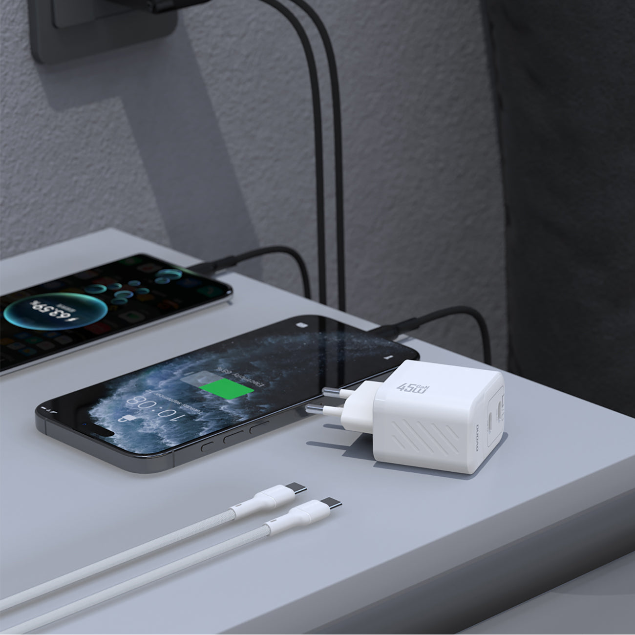 Dudao sieninis įkroviklis A28PCEU PD 45W GaN 2xUSB-C su USB-C laidu - baltas