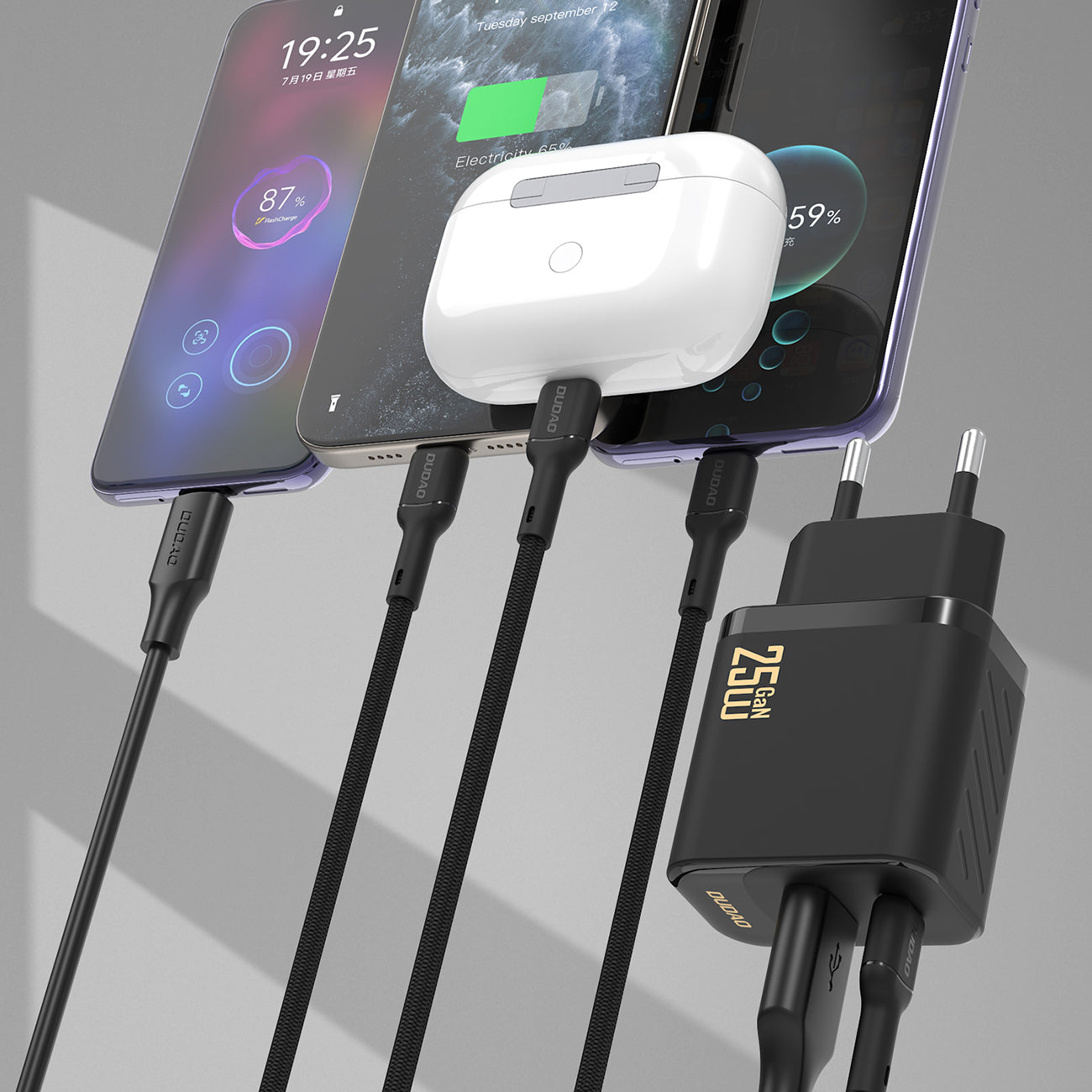 Dudao sieninis įkroviklis A26TCEU PD QC 25W GaN USB-A USB-C su USB-C laidu - juodas