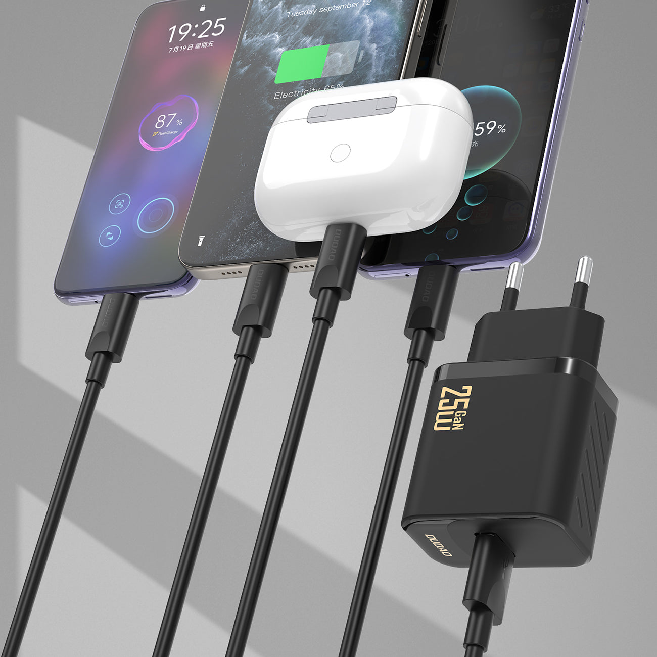 Dudao sieninis įkroviklis A27STEU 25W GaN USB-A su USB-A - USB-C laidu - baltas