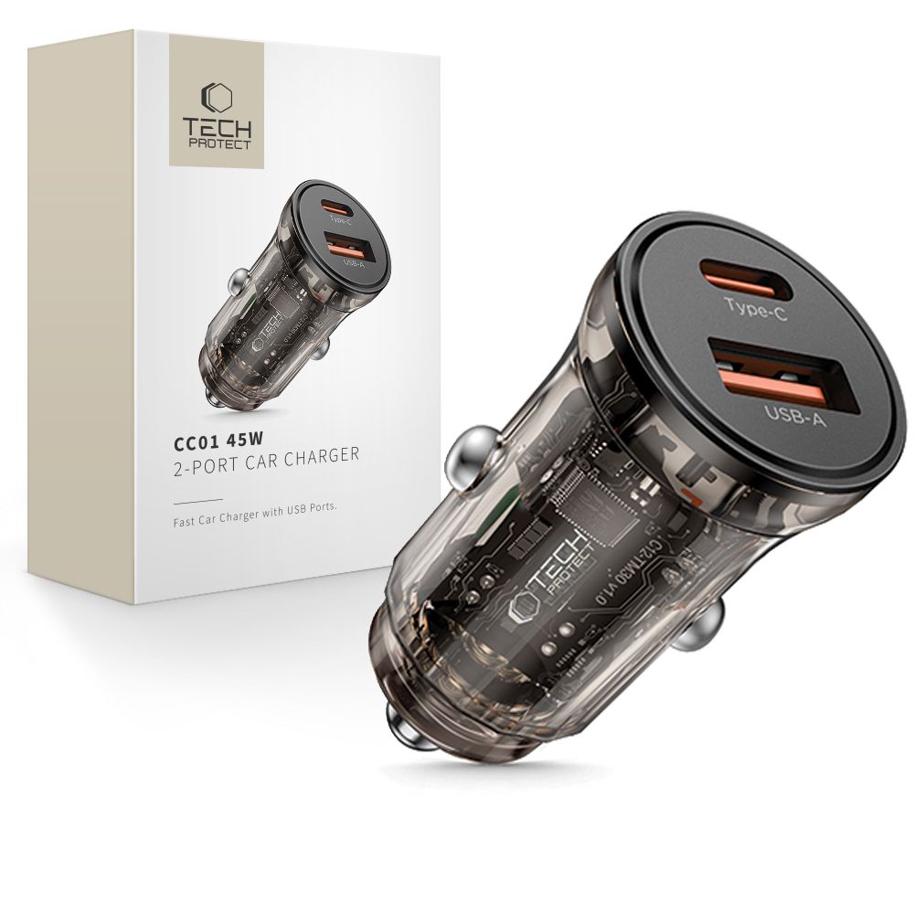Tech-Protect automobilinis įkroviklis CC01 45W 2 jungčių USB-A / USB-C - juodas